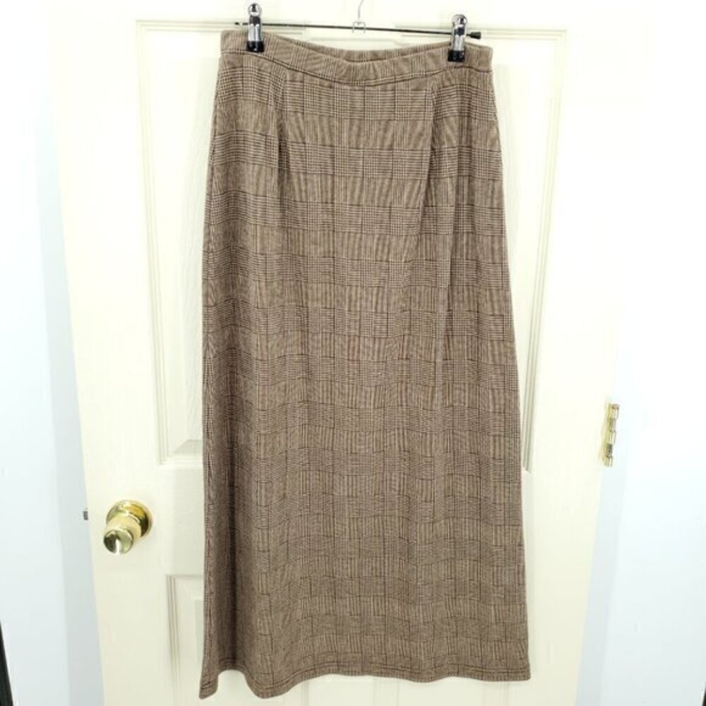 Liz Claiborne/Crazyhorse Glen Plaid Pull On Ponte Midi Skirt M Tan/Brown